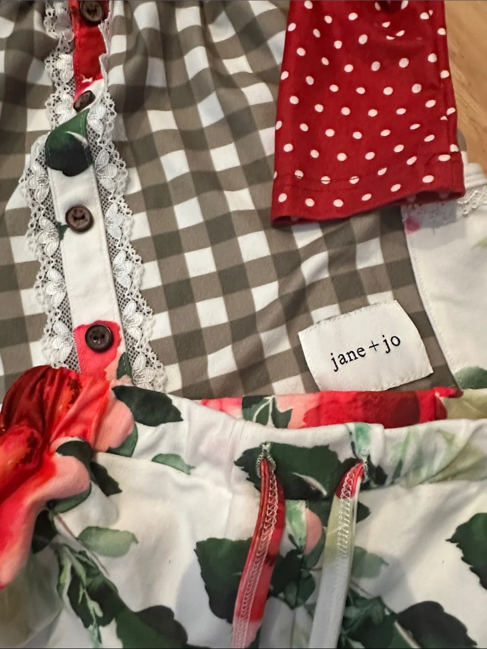 jane + jo Red Polka Dot & Gingham Top with Floral Shorts